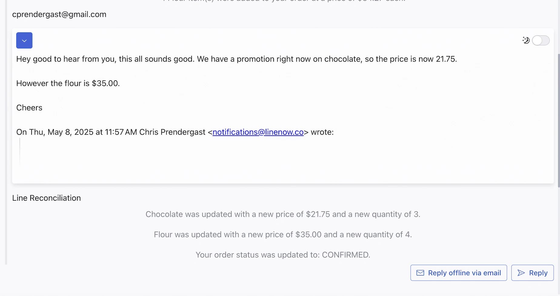 LineNow supplier email thread attached to a manufacturing purchase order