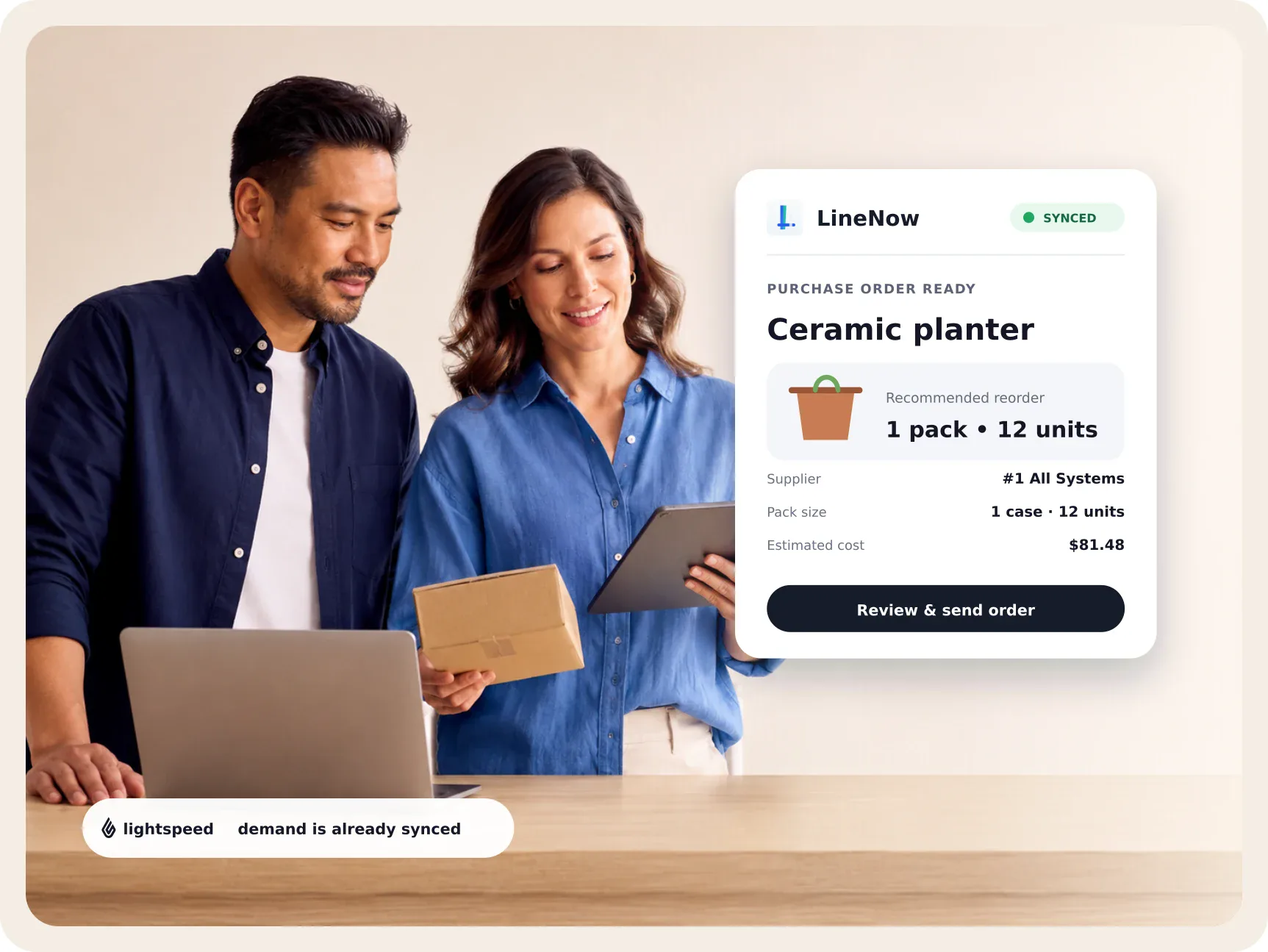 Retailers reviewing a pack-aware purchase order in LineNow using demand synced from Lightspeed