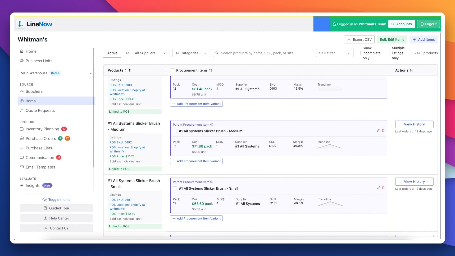 LineNow procurement item variants mapped to POS products with pack, cost, supplier, SKU, and margin details