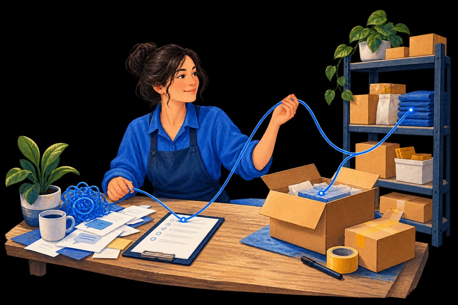An operator untangles a blue thread connecting supplier messages, an order checklist, a delivery, and stocked shelves.